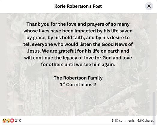 Phil's daughter-in-law Korie Robertson said Sunday on Facebook that he had died