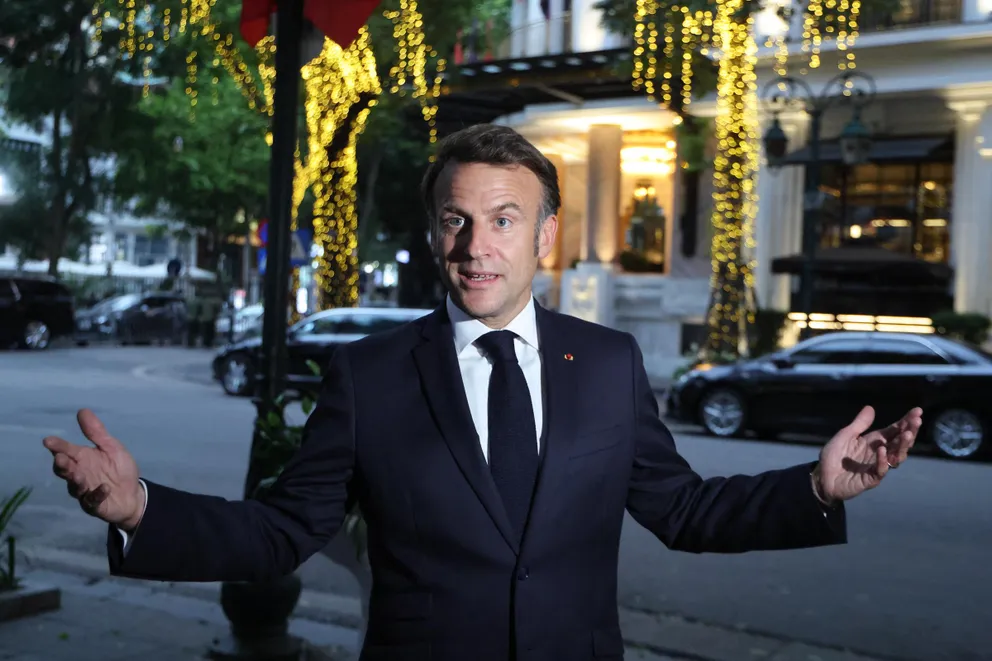 French President Emmanuel Macron giving a press statement in Hanoi, Vietnam on May 26, 2025. | Source: Getty Images